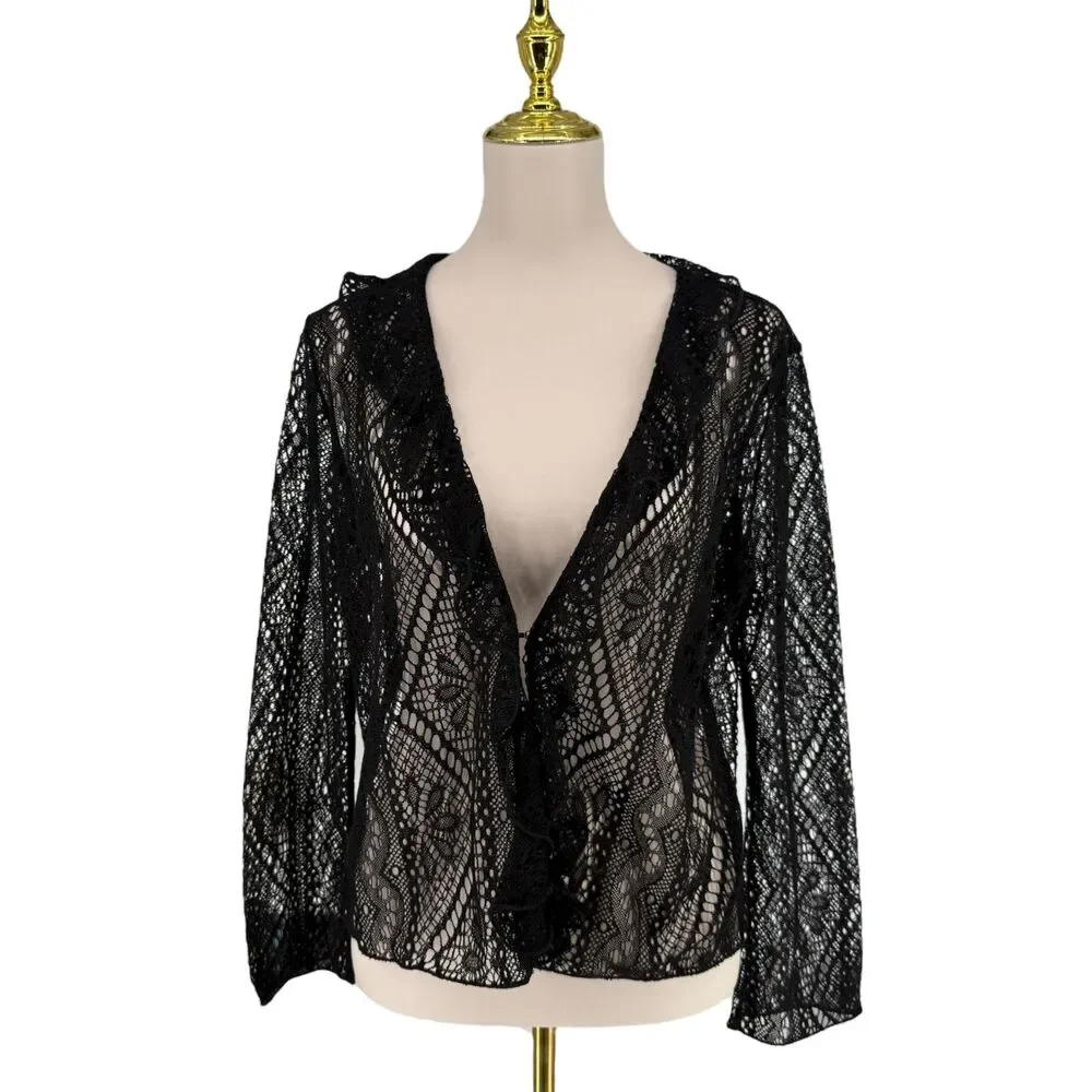 Vintage J. Jill Lace Cardigan Large Petite Black Sheer Ruffle Long Sleeve Boho - Picture 2 of 12